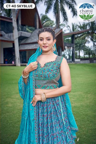 CHANSI TRENDZ CT-40 SKYBLUE & CT-41 WINE DESIGNER CHINON LEHENGA CHOLI WHOLESALER IN INDIA